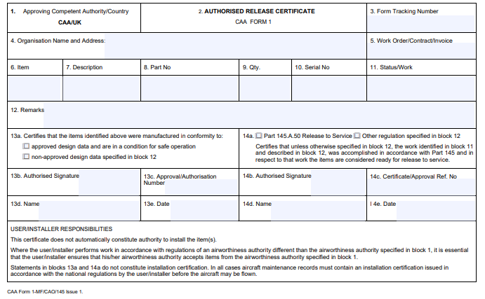 Authorised Release Certificate CAA Form 1