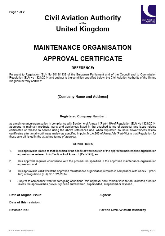 Maintenance Organisation Certificate EASA Form 3 145